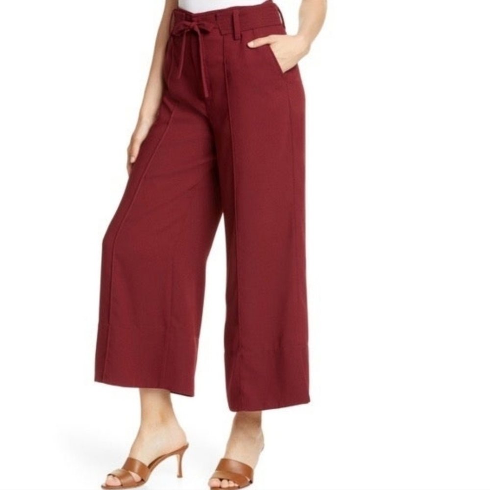 Joie Djuna Wideleg Crop Trouser Pants size 8 Tie Waist Burgundy Wine Business